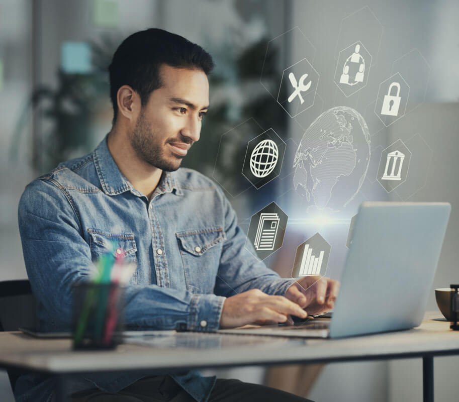 Businessman, laptop and cybersecurity overlay with futuristic hologram, data safety or software developer in office with innovation of technology. Pharmacy Technician