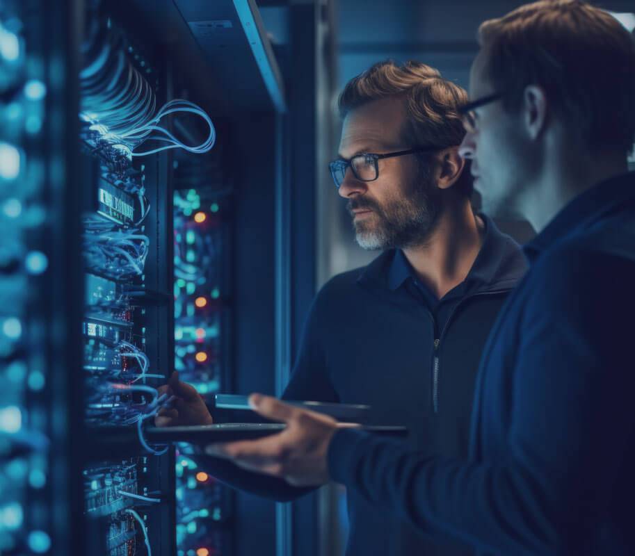Two professionals configure a server in a data center with network cables and equipment illuminated in blue.