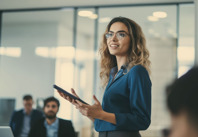 Confident businesswoman delivering a corporate presentation at a seminar or conference.