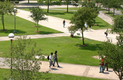 Campus aerial shot with students